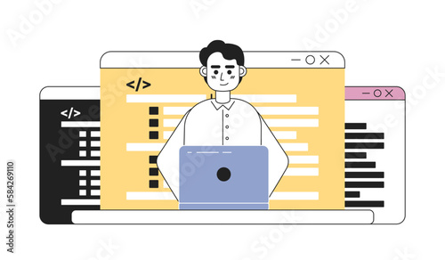 Coding career line concept vector spot illustration. Editable 2D flat cartoon character on white for web design. Computer software development creative lineart idea for website, mobile, blog