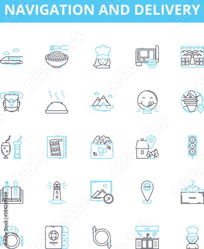 Navigation and delivery vector line icons set. Navigation, Delivery, Tracking, Fleet, Logistics, Route, Mapping illustration outline concept symbols and signs