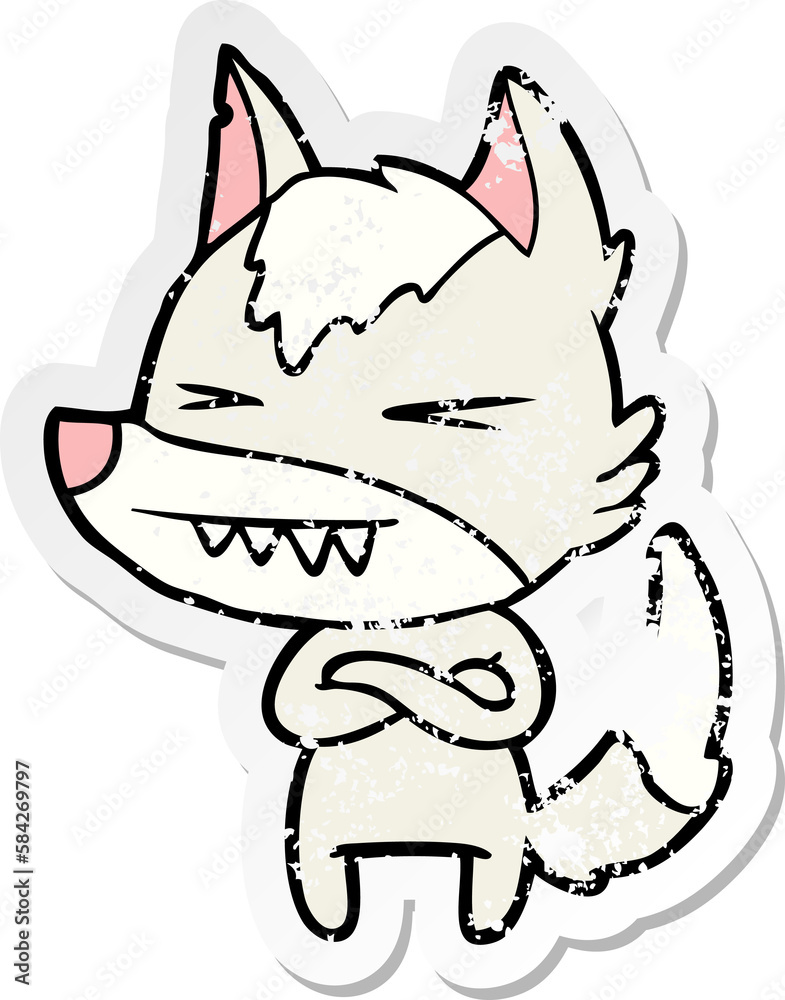 distressed sticker of a angry wolf cartoon distressed sticker of a angry wolf cartoon