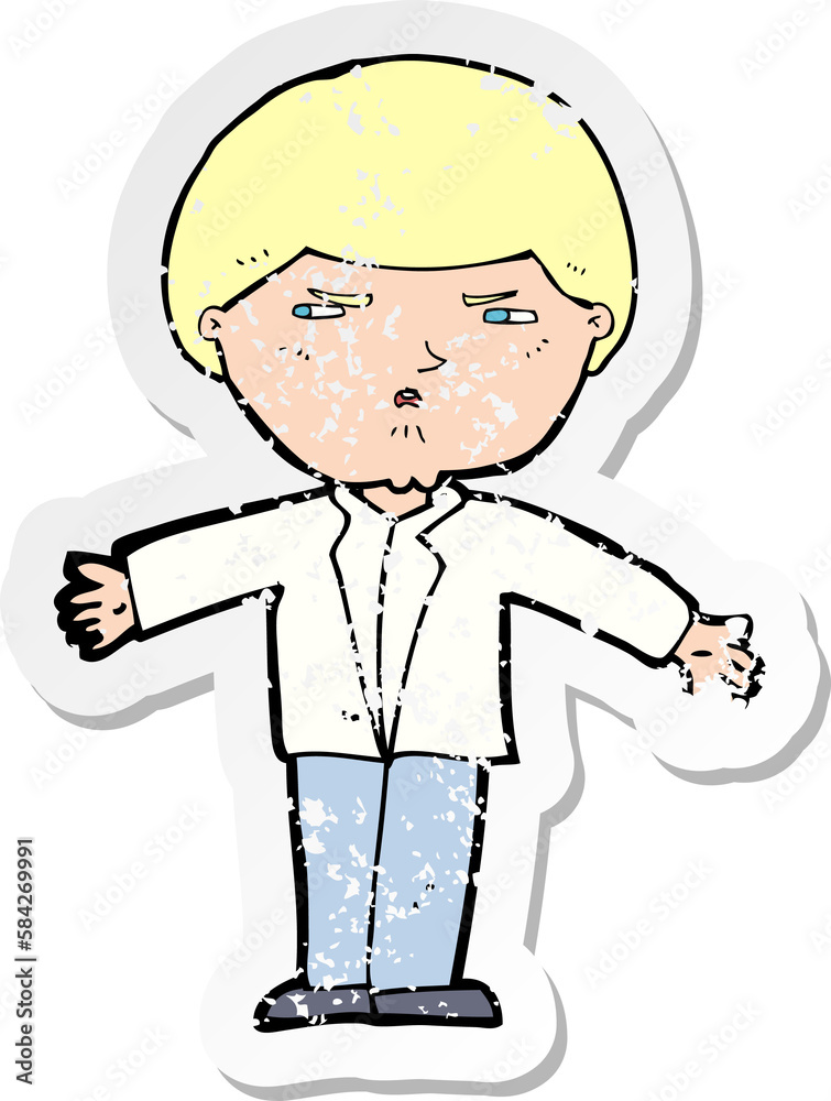 retro distressed sticker of a cartoon annoyed man retro distressed sticker of a cartoon annoyed man