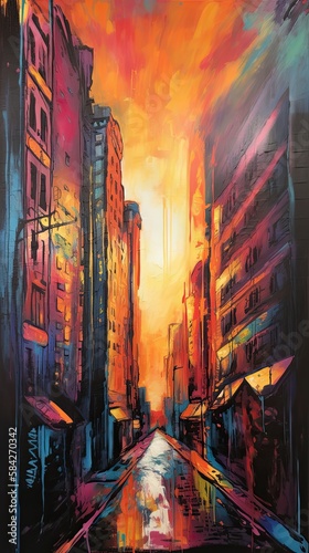 Gestural cityscape painting at sunset