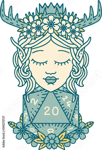 elf druid character with nautral twenty dice roll illustration