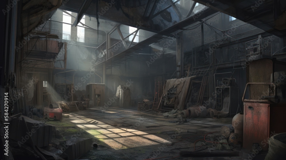 creepy interior of an abandoned warehouse background, concept art