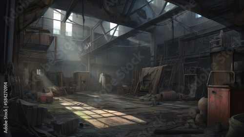 creepy interior of an abandoned warehouse background, concept art, digital illustration, haunted factory, scary interior, Generative AI