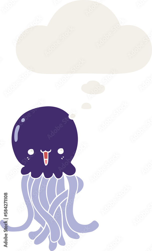 cartoon jellyfish and thought bubble in retro style