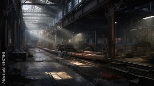 creepy interior of an abandoned warehouse background, concept art, digital illustration, haunted factory, scary interior, Generative AI