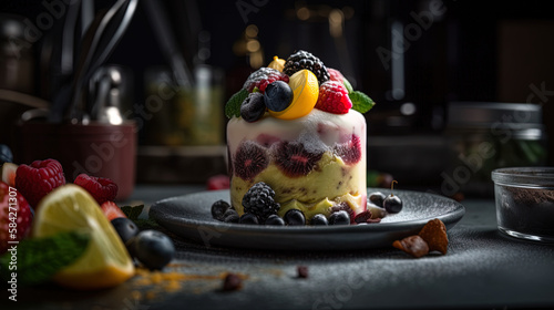 Dessert with fresh fruits on a plate on a table in soft lighting