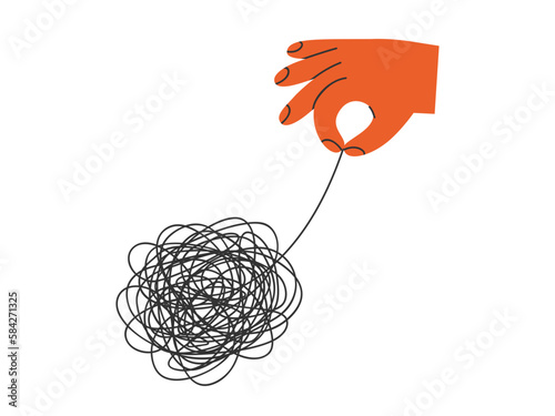 Hand drawn illustration of hand pull on tangled threads. Flat vector solve a difficult problem, help with negative emotions concept in doodle style. Solution, answer sticker, icon or print. Isolated.