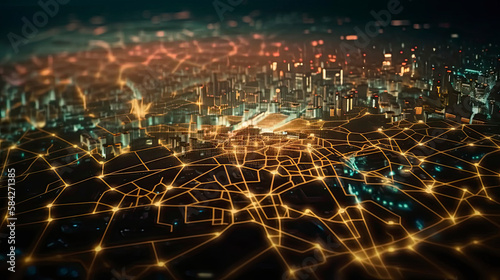 High tech data network color grids over miniature cityscape with cinematic coloring created with Generative AI technology created with Generative AI technology