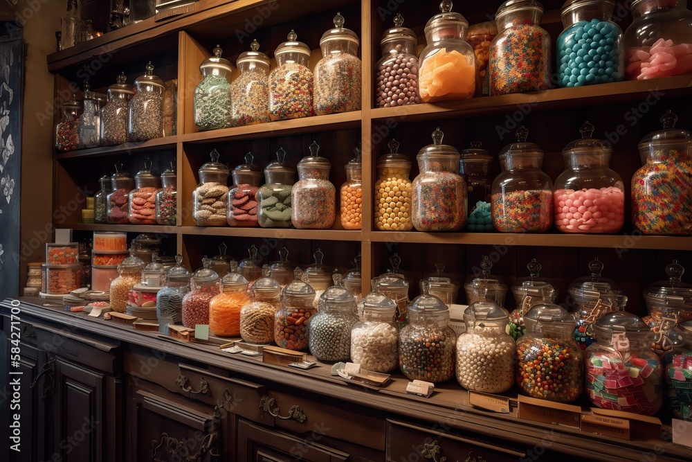 Candy shop with a retro look with colorful sweets in glass jars, generative ai