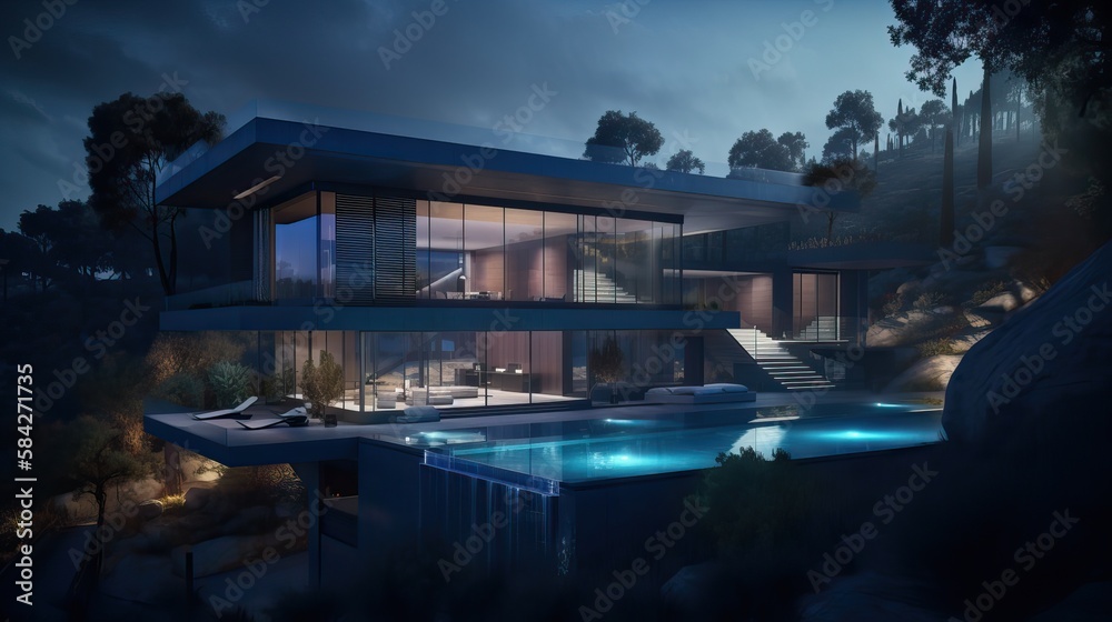 Contemporary villa with pool and garden at blue hour, generative ai