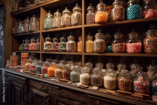 Candy shop with a retro look with colorful sweets in glass jars, generative ai © FrankBoston