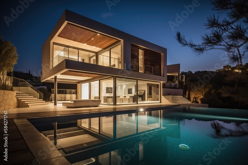 Contemporary villa with pool and garden at blue hour, generative ai © FrankBoston