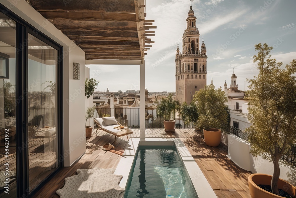 Naklejka premium Amazing penthouse terrace with a swimming pool overlooking Seville, generative AI