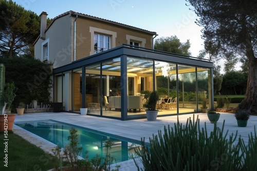 Luxury stone French mansion with veranda pool and garden, generative ai © FrankBoston