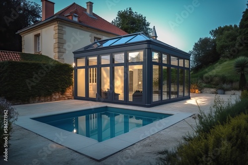 Luxury stone French mansion with veranda pool and garden, generative ai © FrankBoston