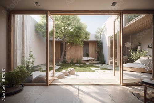 Modern house with sliding doors to the garden  generative ai