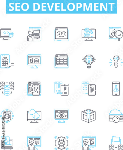 seo development vector line icons set. SEO, Development, Search, Engine, Optimization, Strategies, Ranking illustration outline concept symbols and signs