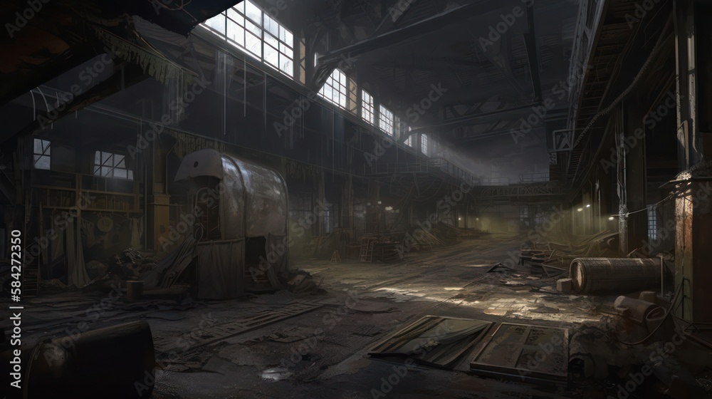 creepy interior of an abandoned warehouse background, concept art, digital illustration, haunted factory, scary interior, Generative AI