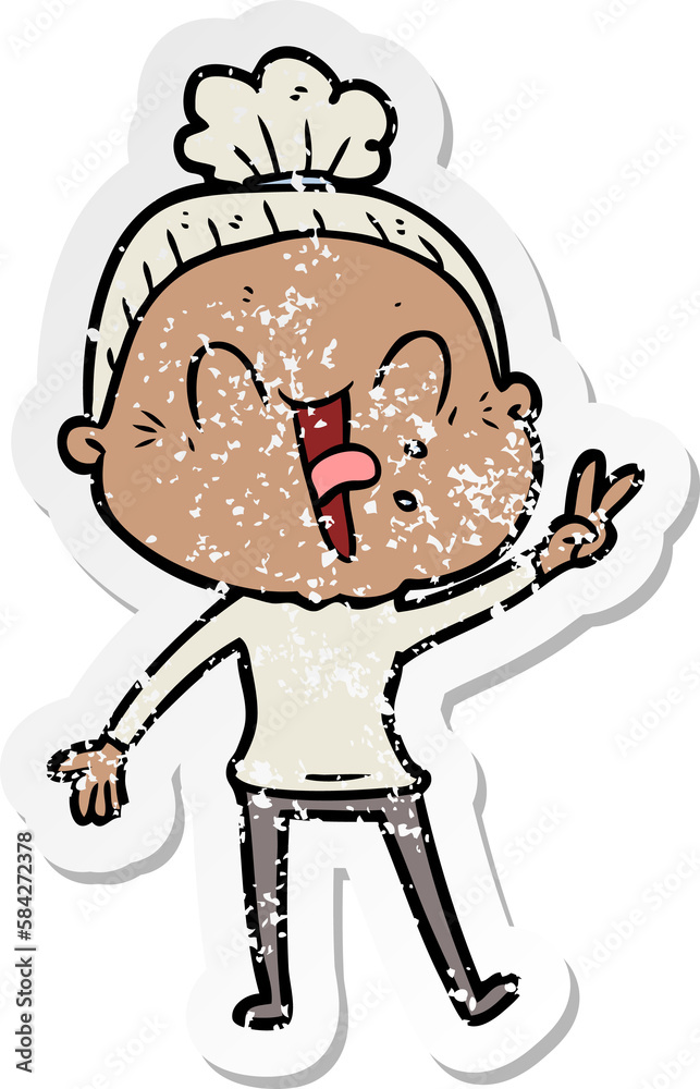 distressed sticker of a cartoon happy old woman distressed sticker of a cartoon happy old woman