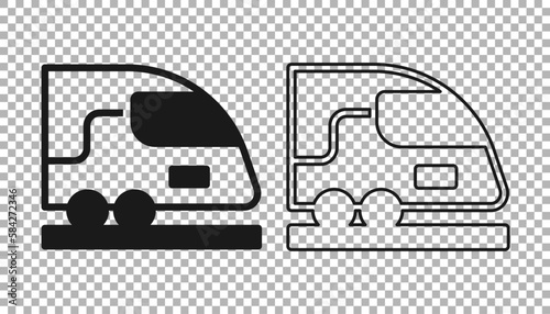 Black High-speed train icon isolated on transparent background. Railroad travel and railway tourism. Subway or metro streamlined fast train transport. Vector