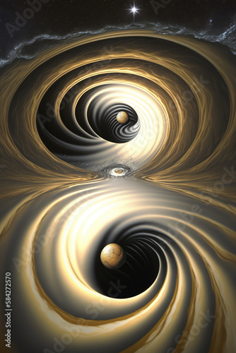 Gravitational waves emitted from a compact objetcs binary. General Relativity illustration. Generative AI photo