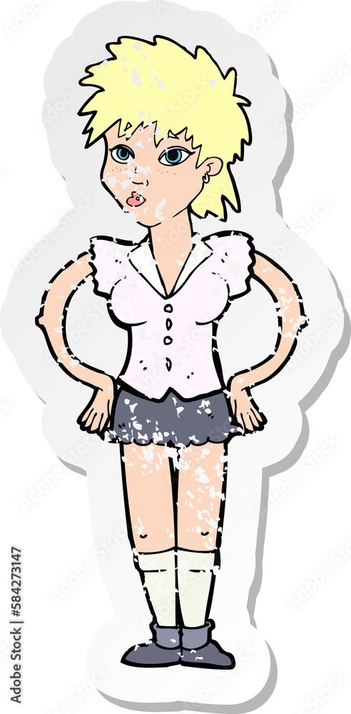 retro distressed sticker of a cartoon woman with hands on hips retro distressed sticker of a cartoon woman with hands on hips
