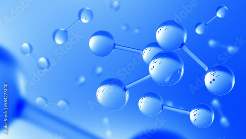 Hydrogen background. Water molecules. H2 molecular structure. Hydrogen atom on blue. Scientific background. Hydrogen molecules under microscope. Scientific research h2. Chemical composition. 3d image