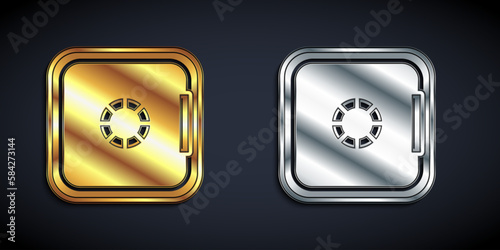 Gold and silver Safe icon isolated on black background. The door safe a bank vault with a combination lock. Reliable Data Protection. Long shadow style. Vector