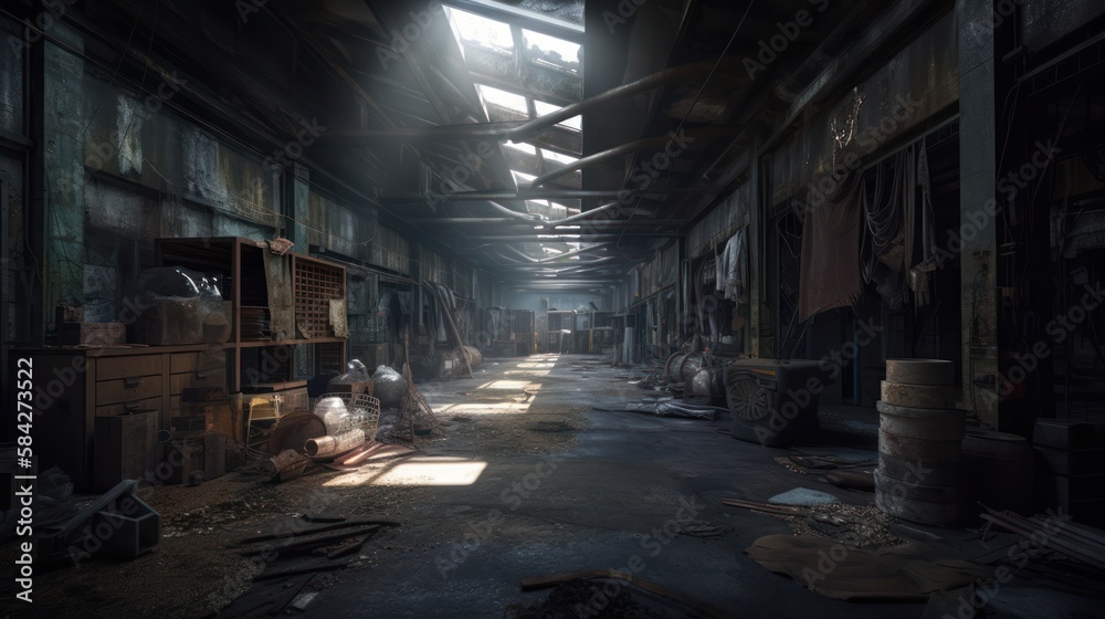 creepy interior of an abandoned warehouse background, concept art, digital illustration, haunted factory, scary interior, Generative AI