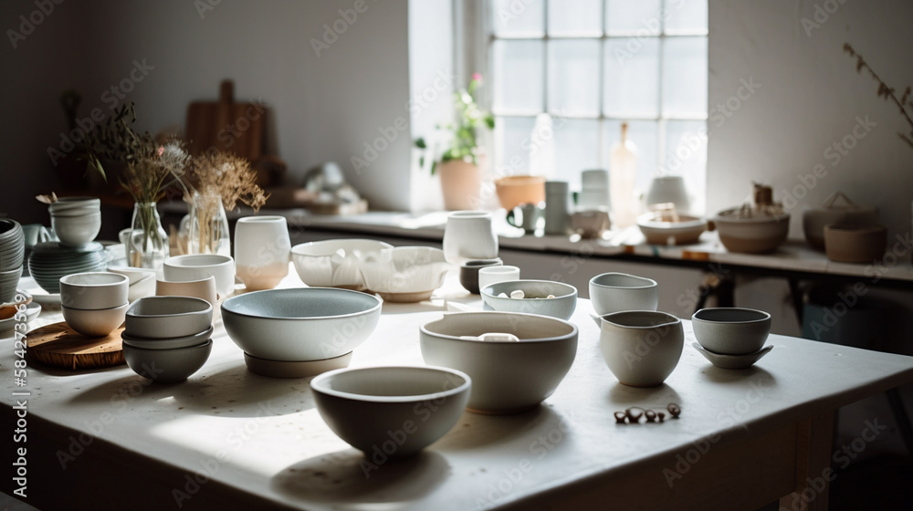 Assortment of Ceramic Bowls and Cups in Ceramic Pottery Studio, Bright Natural Light, Earthy Photography Tones - Generative AI Assortment of Ceramic Bowls and Cups in Ceramic Pottery Studio, Bright Natural Light, Earthy Photography Tones - Generative AI