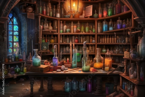 Inside Alchemist's Study or Apothecary Shop with Various Vials and Bottles Medieval Fantasy RPG [Generative AI]
