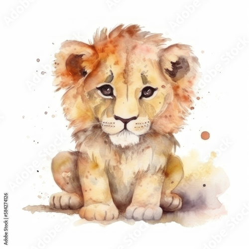 Cute little watercolor lion on a white background. AI generative.
