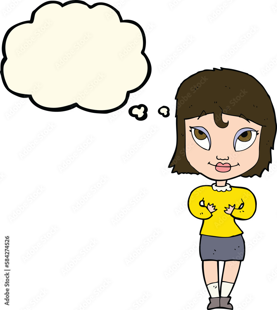 cartoon woman gesturing at self with thought bubble cartoon woman gesturing at self with thought bubble