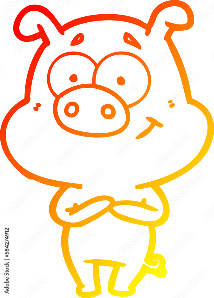 warm gradient line drawing happy cartoon pig