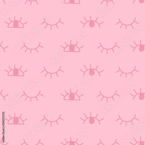 Eye doodles seamless pattern on pink background, modern design.