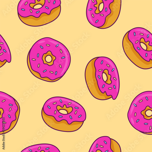 Seamless pattern with glazed pink donuts on light yellow background.