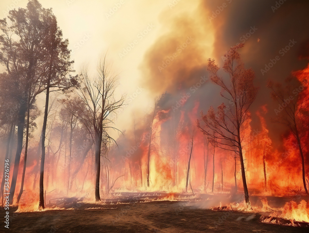 forest ablaze, fierce flames and smoke, urgent call for firefighting, generative AI