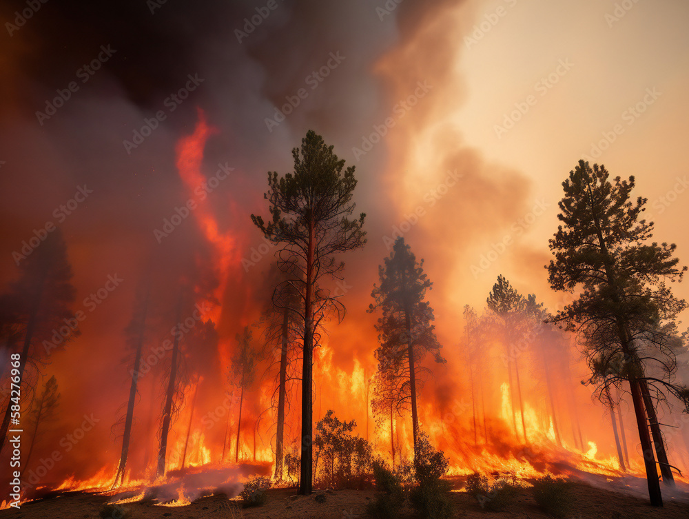 forest fire with bright flames, ecological disaster, urgent action needed, generative AI