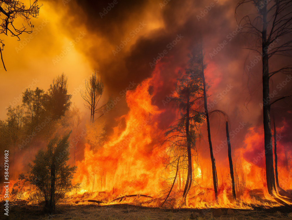 wildfire in dense forest, environmental catastrophe, dramatic scene, generative AI