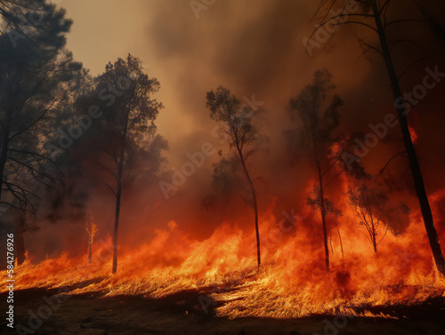 forest ablaze, fierce flames and smoke, urgent call for firefighting, generative AI © Marcos