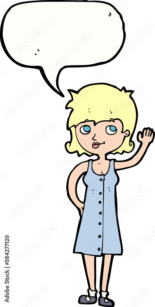 cartoon pretty woman waving with speech bubble cartoon pretty woman waving with speech bubble