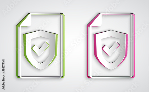 Paper cut Contract with shield icon isolated on grey background. Insurance concept. Security, safety, protection, protect concept. Paper art style. Vector