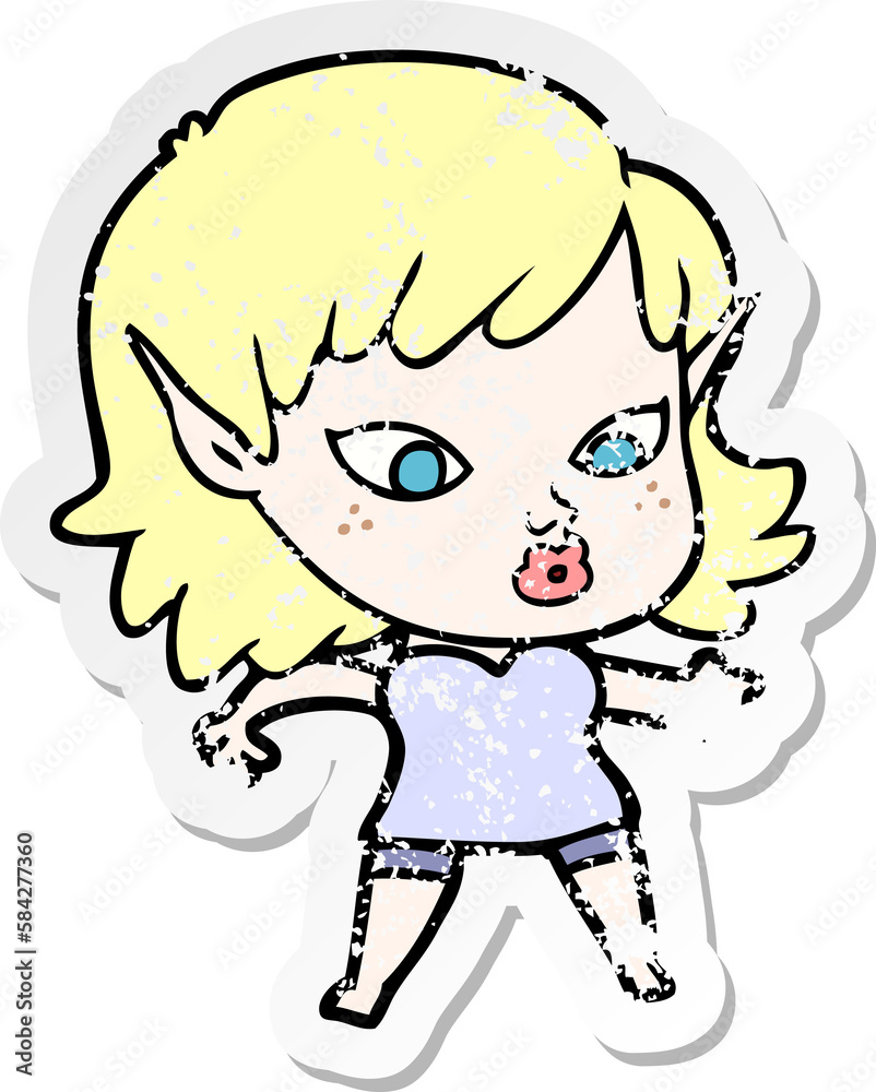 distressed sticker of a pretty cartoon elf girl distressed sticker of a pretty cartoon elf girl