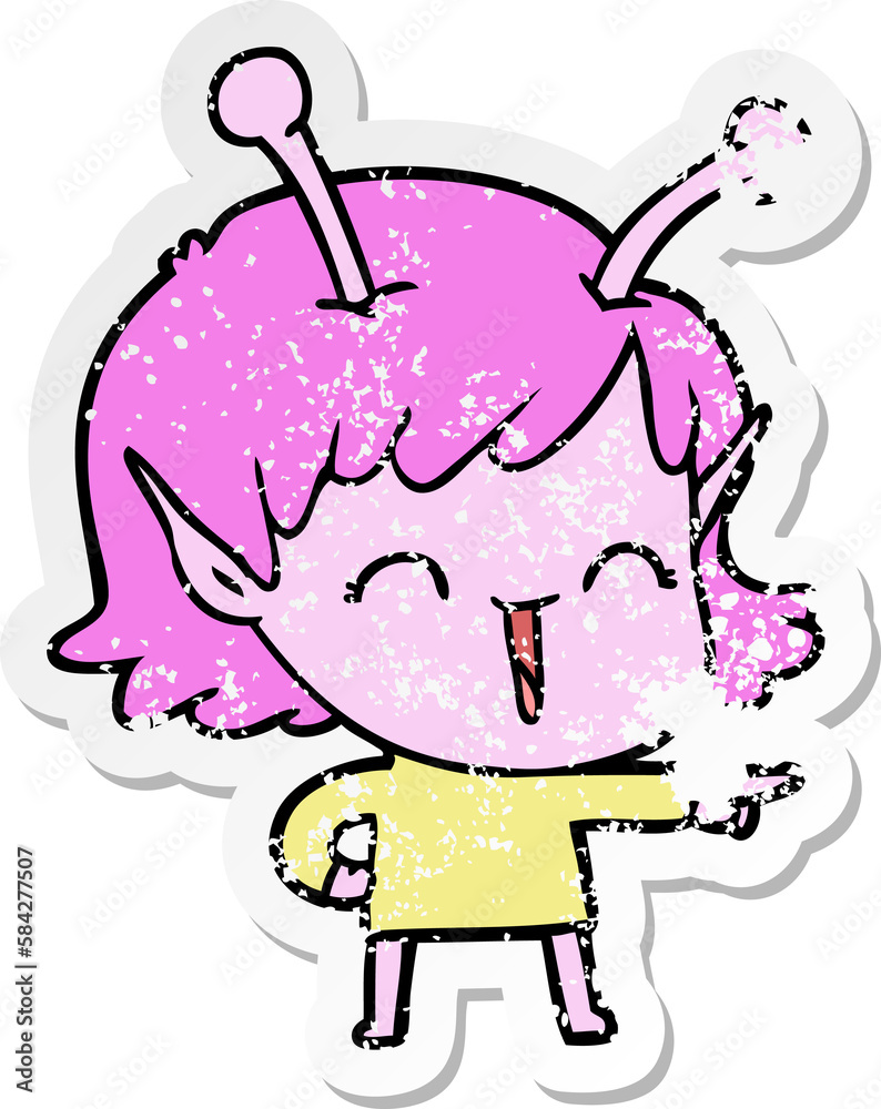 distressed sticker of a cartoon alien girl laughing distressed sticker of a cartoon alien girl laughing
