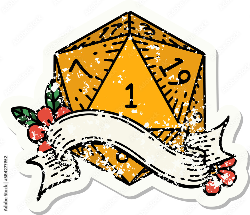 natural one d20 dice roll grunge sticker