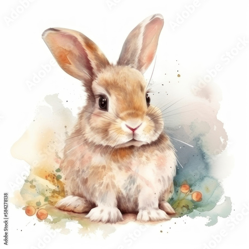 Watercolor rabbit and berries. AI generative.