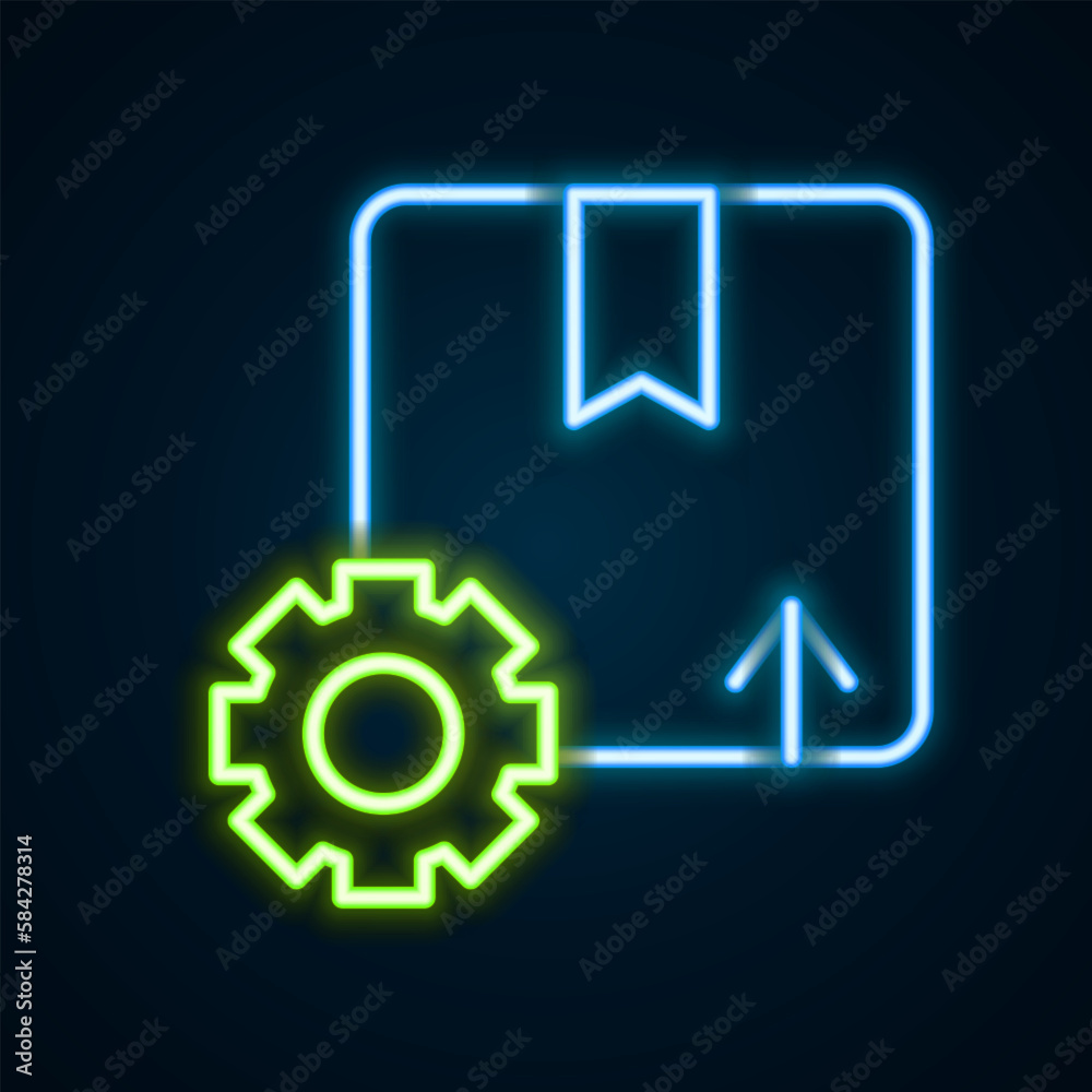 Glowing neon line Gear wheel with package box icon isolated on black background. Box, package, parcel sign. Delivery and packaging. Colorful outline concept. Vector Glowing neon line Gear wheel with package box icon isolated on black background. Box, package, parcel sign. Delivery and packaging. Colorful outline concept. Vector
