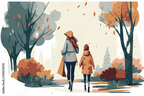 Mother and daughter walking together in a park. Family love. Vector art painting of grandmother walking with her child. Adorable background. Walking outdoor, together. Unity family. Road to happiness