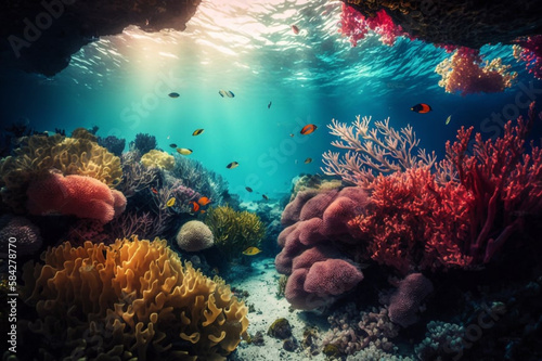 Colorful Coral Reef Underwater POV generative ai
